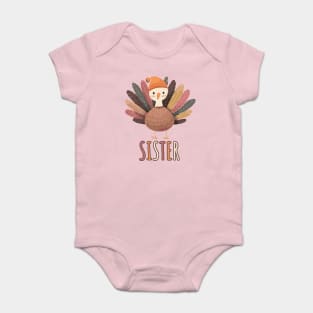 Cute Thanksgiving Sister Turkey with Hat - Boho Style Baby Bodysuit